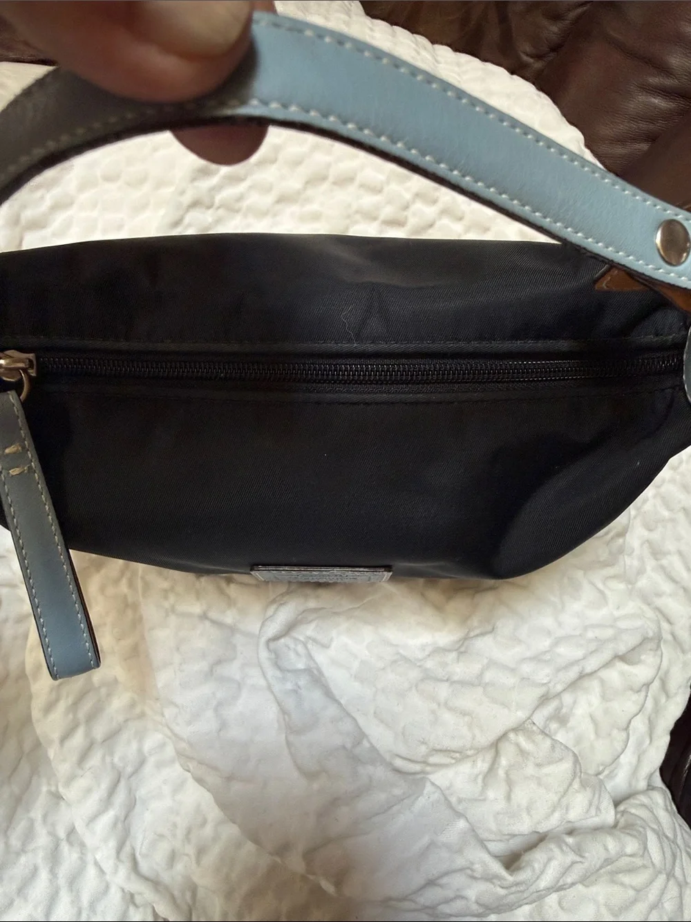 Vintage COACH Black Nylon Mini Bag with Light Blue Leather Trim